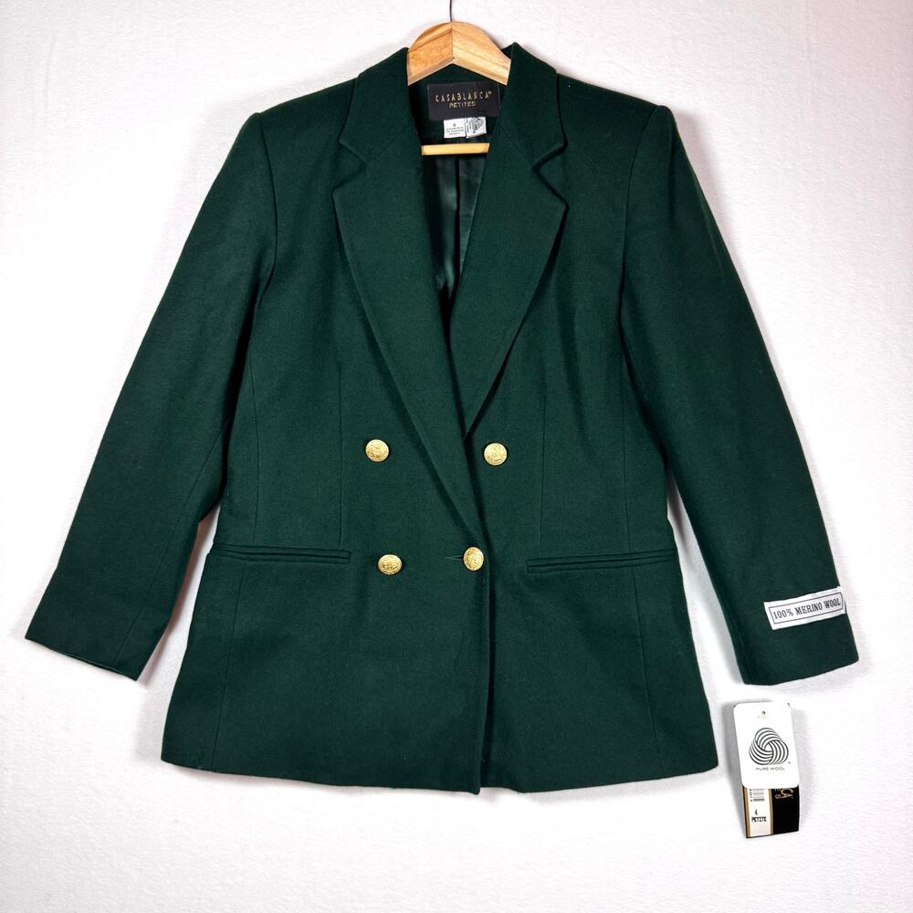 VINTAGE CASABLANCA PETITES Women's Green Wool Career Preppy Blazer Jacket NWT